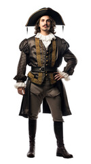 Happy men standing in Cackling Courtier halloween costume with an isolated transparent background. - obrazy, fototapety, plakaty