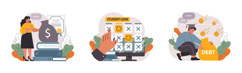 Student debt set. Young graduated character with a financial crisis. Expencive