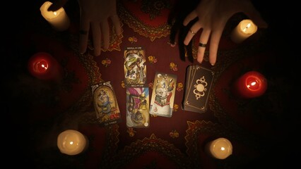 Woman hands shows a big open layout of tarot cards on the table made for special client, images of cards visible to the camera.