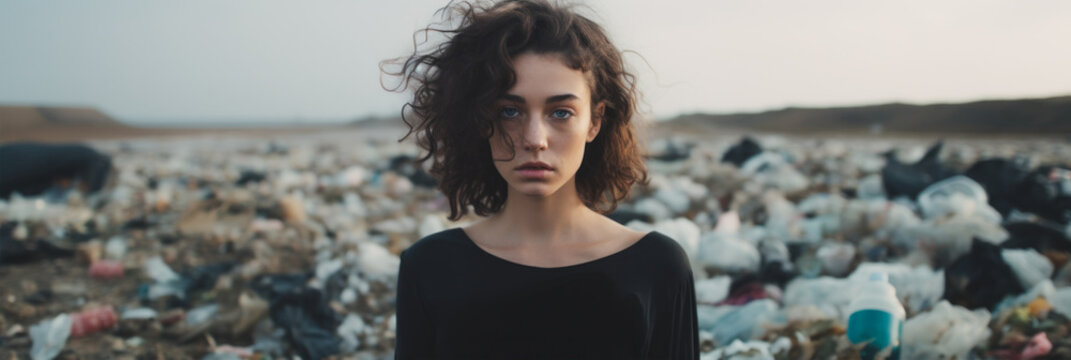 Sad young woman looking at camera while standing among garbage on beach