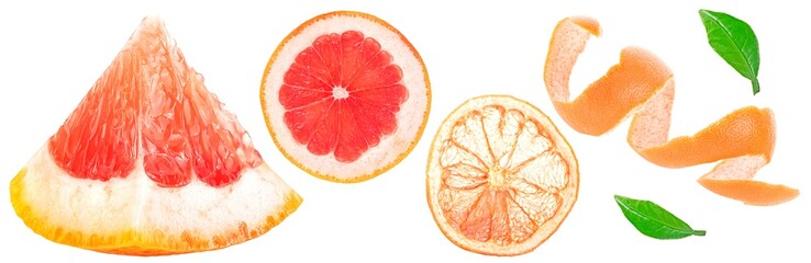 Fresh fruit - collection of red grapefruit isolated on a white background. Grapefruit slices, dried...
