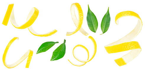 Healthy food - fresh lemon peels and green leaves isolated on a white background.