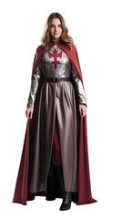 Fototapeta premium Happy women standing in Cursed Crusader halloween costume with an isolated transparent background.