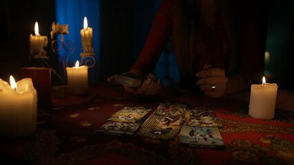 Close up shot of a woman sitting on the table in the room and placing out tarot cards from the deck.
