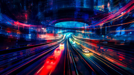 Arrière plan urbain, avec traces lumineuses des voitures circulant dans la ville - Générative IA