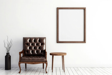 empty blank frame with brown leather couch in front