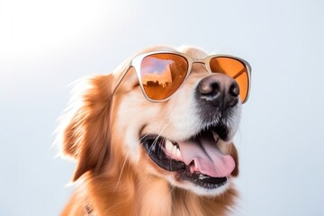 Closeup portrait of golden retriever dog in fashion sunglasses. Funny pet isolated on white...
