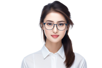 Young beautiful asian woman with glasses, looking at the camera. Good and successful businesswoman, isolated against a clear transparent background