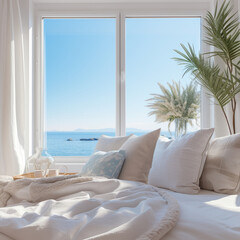 Fototapeta na wymiar Interior of beach house bedroom overlooking the Mediterranean in the background. Created using generative AI