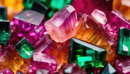 Burmese Tourmaline Emerald and Orange Sapphire crystal cluster background. Jewel mineral detailed macro