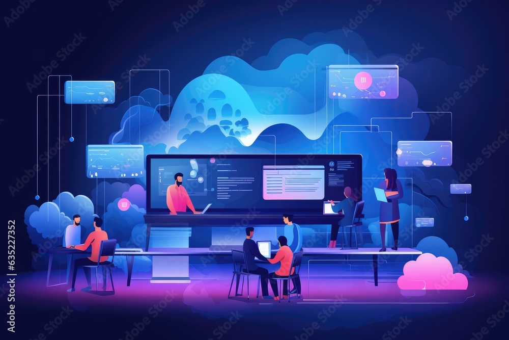 Wall mural illustration of a web developer collaborating with a team