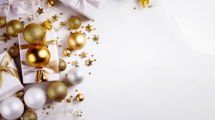 Fototapeta premium Arrière plan de noël blanc avec boules et décoration dorée - Générative IA