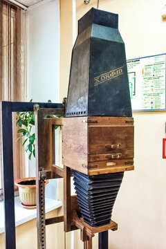 A huge old wooden enlarger for printing large format photographs: Abakan, Russia - May 17, 2023
