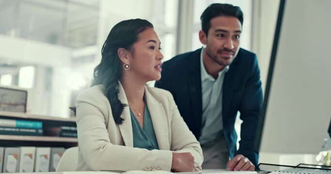 Business people, training and support on computer for financial questions, Human Resources payroll and teamwork. corporate employees or asian man and woman on desktop for HR budget, advice or helping