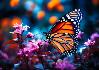 a monarch butterfly resting on purple flowers
