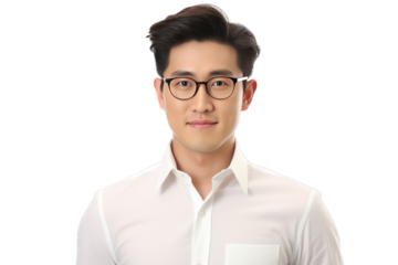 Young handsome asian man with glasses and white shirt looking into camera isolated on transparent background PNG