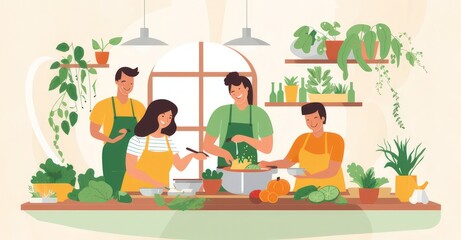 Individuals collaborating in a vegan cooking workshop, immersing themselves in plant-based culinary arts.