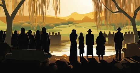Gathered mourners at a funeral ceremony, surrounded by serene weeping willows, portrayed in vibrant vectors.