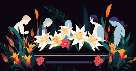 Obraz na płótnie Canvas Floral-decorated casket surrounded by mourners in contemplative reflection, depicted in vibrant vectors.
