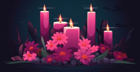 Candles and flowers placed on a tombstone, symbolizing the memory of a cherished person, depicted vibrantly.