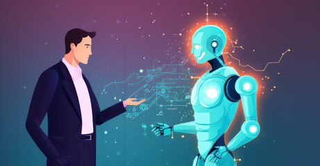 Obraz premium Advanced artificial entity engaging in exchanges with its human peers.