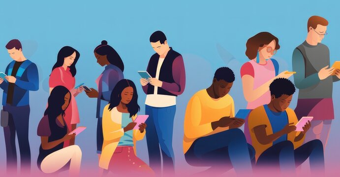 People engrossed in their devices, unaware of their surroundings and present moments.