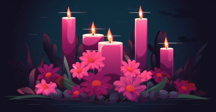 Candles and flowers placed on a tombstone, symbolizing the memory of a cherished person, depicted vibrantly.