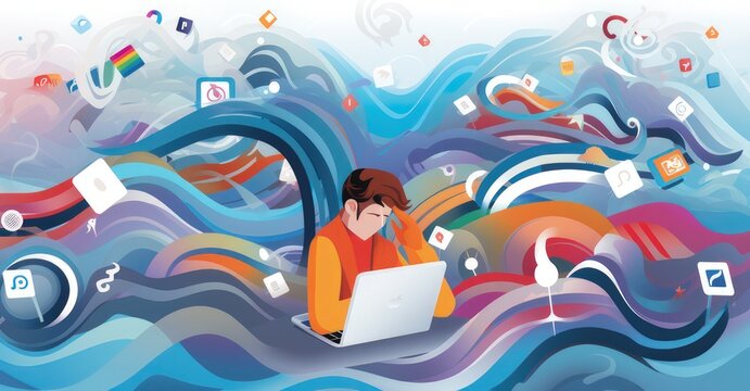 An individual caught in a turbulent sea of relentless digital alerts from online platforms.