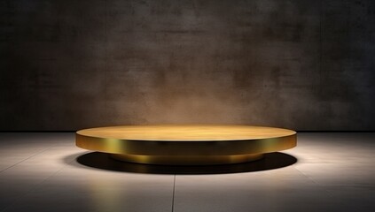 rounded golden circular table 3dmodel in dark interior, in the style of futuristic