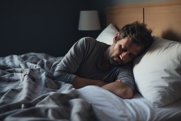 Fototapeta premium Sad man facing depression lying in bed