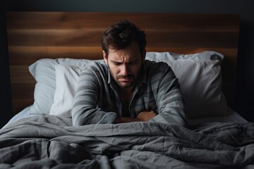 Sad man facing depression lying in bed
