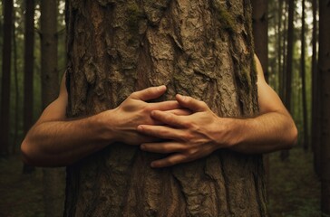 hands wrapping around tree trunk in the forest