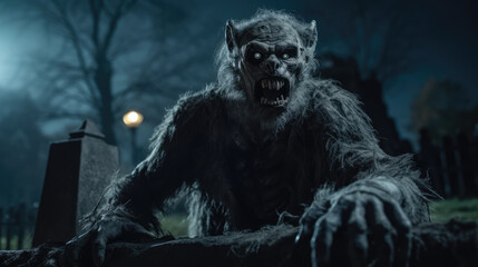 Naklejka premium Portrait of Scary Werewolf in Cemetery in Full Moon Horror Night.