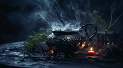 Steaming Witch's Cauldron on Matte Black Background with Witchy Themed Halloween Decorations and a Lit Candle - Spooky Season - Generative AI