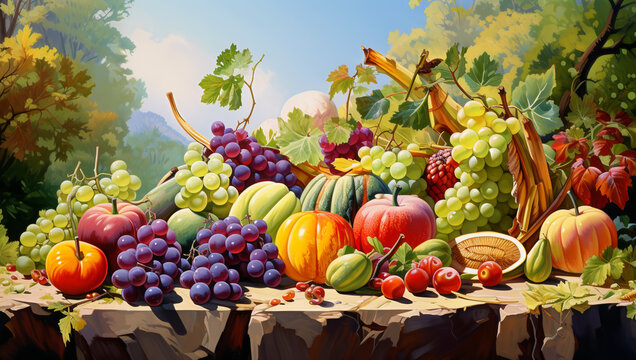 Still life of fruits and vegetables painted with paints,Generated by AI, Generated, AI