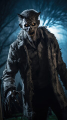 Fototapeta premium Portrait of Scary Werewolf in Cemetery in Full Moon Horror Night.