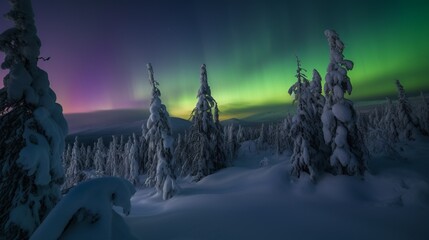 northern lights winter forest, landscape, art
