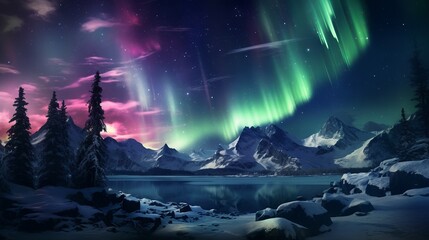 northern lights, landscape with mountains and clouds