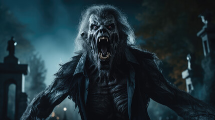 Portrait of Scary Werewolf in Cemetery in Full Moon Horror Night.