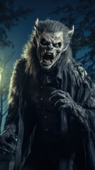 Portrait of Scary Werewolf in Cemetery in Full Moon Horror Night.