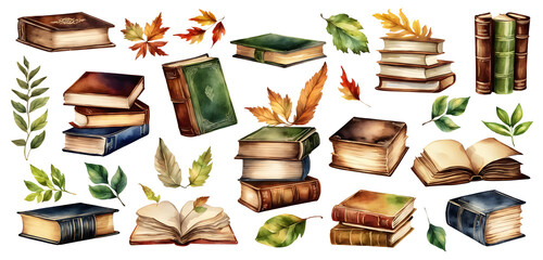 Watercolor Set of unique books with herbarium