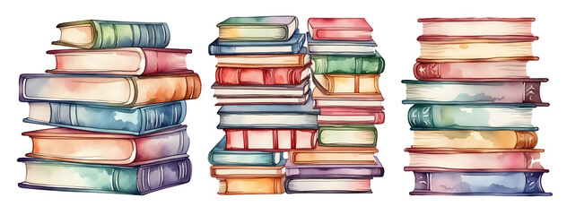 Watercolor Set of stack of books - obrazy, fototapety, plakaty
