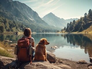 Hiking with a dog. Woman with a dog on a hike in forest, mountains