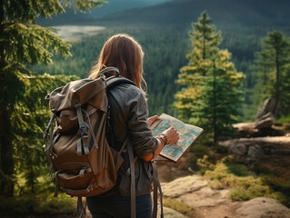 Woman with a backpack on a hiking trip checking a map