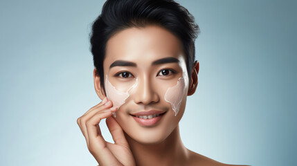 attractive asian transgender person looking direktly in the camer while making some skin care
