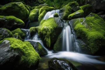 Fototapeta na wymiar Waterfall landscape with rocks covered in green moss