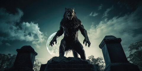 Spooky werewolf in graveyard in horror night for Halloween backdrop, full moon behind.