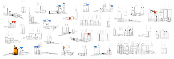 Set of medical ampules on white background
