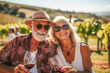 Senior couple enjoying a wine tasting experience at a vineyard in a scenic vine region