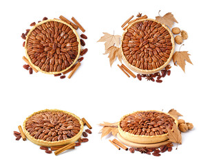 Set of tasty pecan pies isolated on white